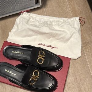 Salvatore Ferragamo Black Leather Mules WITH BOX & DUSTBAG